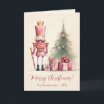 Pink Nutcracker Christmas Card<br><div class="desc">We hope you love our adorable pink Nutcracker as much as we do. He is so cute! Here he is in a Christmas Eve scene complete with decorated holiday tree and an array of matching gifts, too. The scene is from a vintage watercolor design. "Merry Christmas!" is the greeting, which...</div>