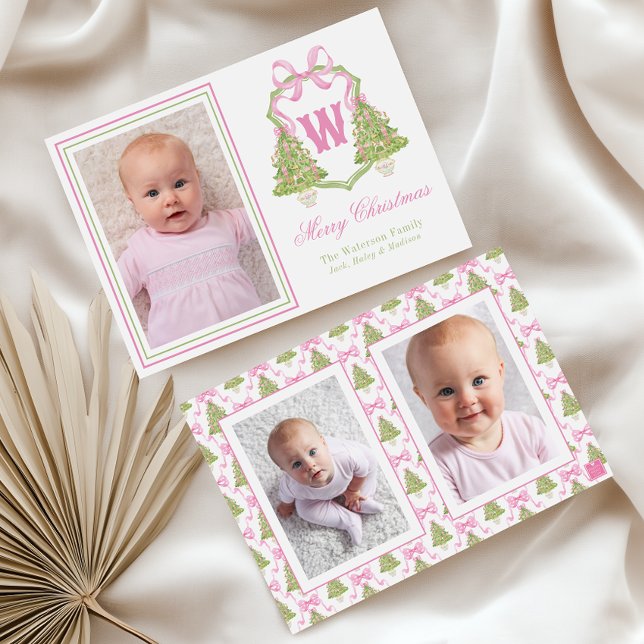 Pink Nutcracker Christmas Tree Monogram Crest Holiday Card (Creator Uploaded)