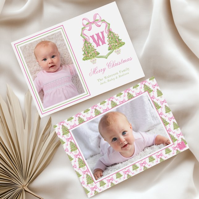 Pink Nutcracker Christmas Tree Monogram Crest Holiday Card (Creator Uploaded)