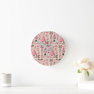 Pink Nutcracker Christmas Tree  Round Clock