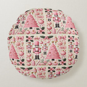 Pink Nutcracker Christmas Tree Round Cushion