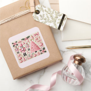 Pink Nutcracker Christmas Tree Square Sticker