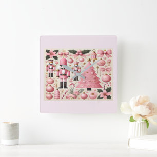 Pink Nutcracker Christmas Tree  Square Wall Clock