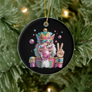 Pink Nutcracker Disco Ball Sunglasses Peace Sign Ceramic Ornament