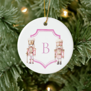 Pink Nutcracker Monogrammed Crest Christmas Ceramic Ornament