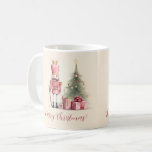 Pink Nutcracker Script Christmas Mug<br><div class="desc">Our fine pink Nutcracker is in a Christmas Eve scene that includes a decorated holiday tree and an array of pink presents, too. The scene is from a vintage watercolor design. Merry Christmas! The pink script is editable. Be sure to edit the example names and year. If you do not...</div>