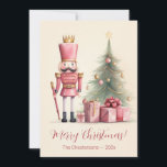 Pink Nutcracker Vintage Christmas Card<br><div class="desc">Our adorable pink Nutcracker is in a Christmas Eve scene complete with decorated holiday tree and an array of presents, too. The scene is from a vintage watercolor design. So cute! "Merry Christmas!" is the greeting, but you can change it if you like. Be sure to edit the family name...</div>