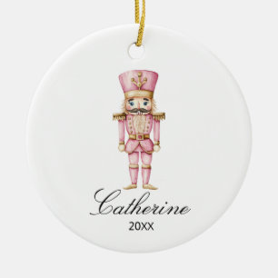 Pink Nutcracker Winter Christmas Decor Custom Name Ceramic Ornament