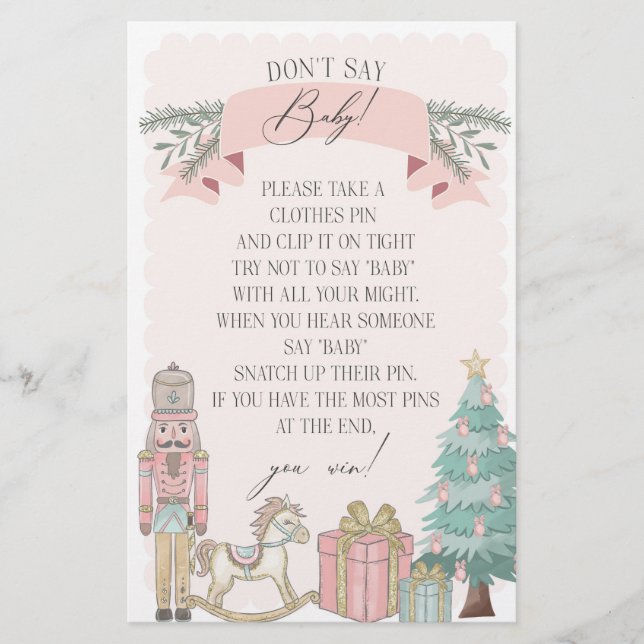 pink nutcracker winter dont say baby shower game (Front)