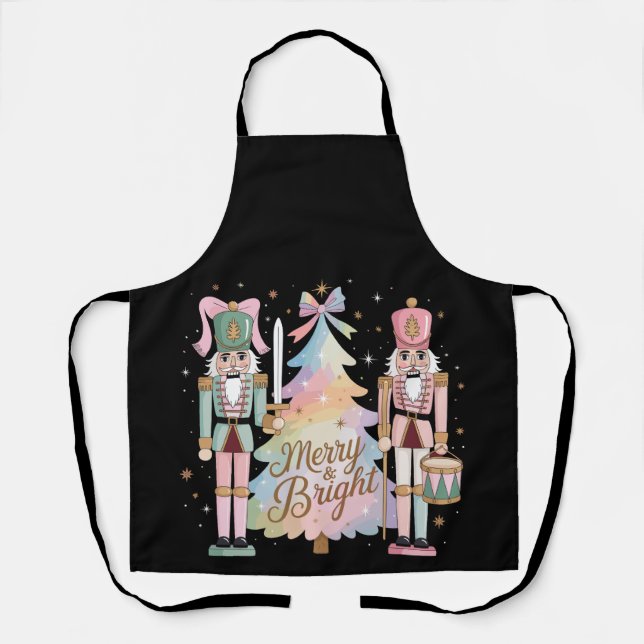 Pink Nutcrackers Christmas Tree Coquette Bow Xmas Apron (Front)