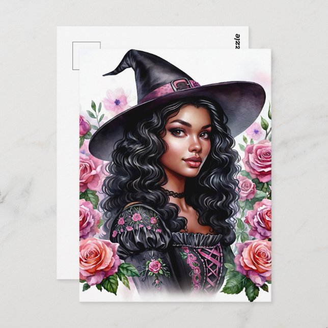 Pink-o-ween Black Girl Bubblegum Witch Postcard (Front/Back)
