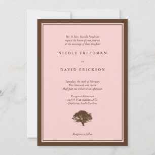 Pink oak tree brown simple wedding invitation