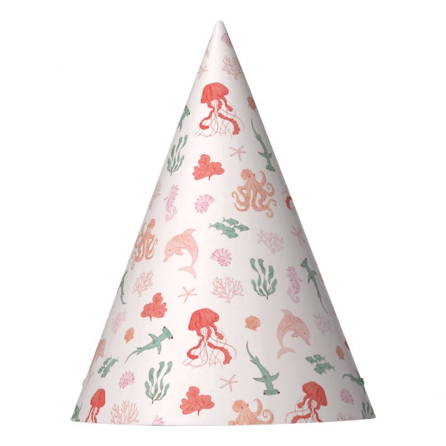 Pink Ocean Animals Birthday Party Hat (Front)
