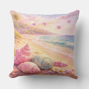 Pink Ocean Beach Shells Flowers Fantasy Landscape Cushion