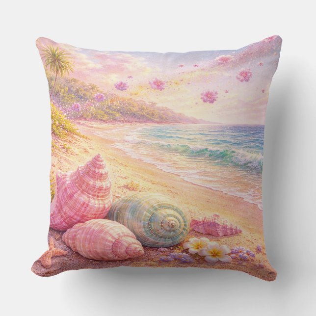 Pink Ocean Beach Shells Flowers Fantasy Landscape Cushion (Front)