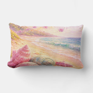 Pink Ocean Beach Shells Flowers Fantasy Landscape Lumbar Cushion