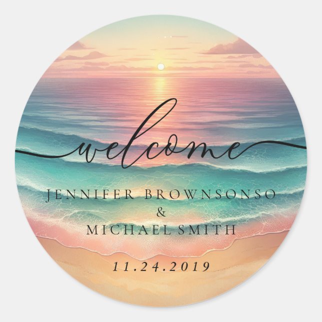 Pink Ocean Beach Signature Boho Welcome Wedding Classic Round Sticker (Front)
