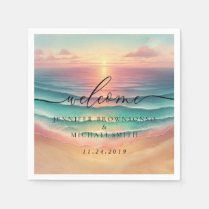Pink Ocean Beach Signature sunset Welcome Wedding Napkin