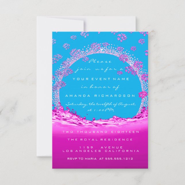 Pink Ocean Bridal Sweet 16th Floral Initial Waves Invitation (Front)