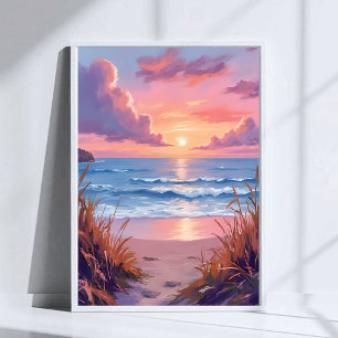 Pink Ocean Sunset Beach Watercolor Painting Poster
