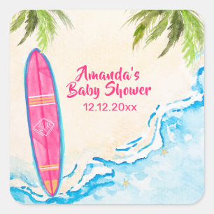 Pink Ocean Surf Plam Tree Beach Baby Shower Square Sticker