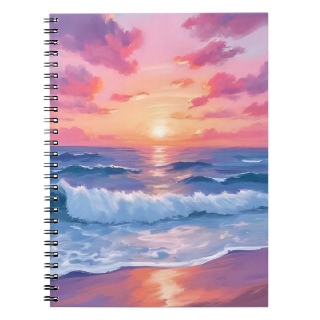 Pink Ocean Waves Sunset Watercolor Notebook (Front)