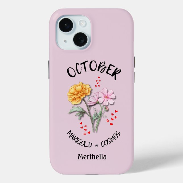 Pink OCTOBER Birth Month Flower Custom Name Case-Mate iPhone Case (Back)