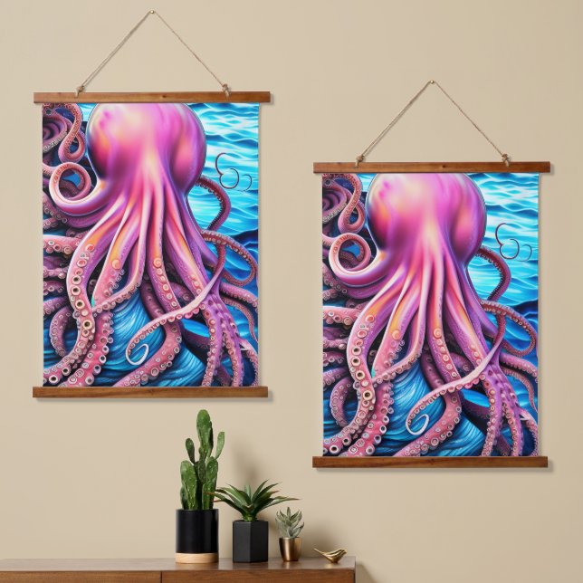 Pink Octopus Blue Ocean Wave Background  Hanging Tapestry (Asymmetrical)