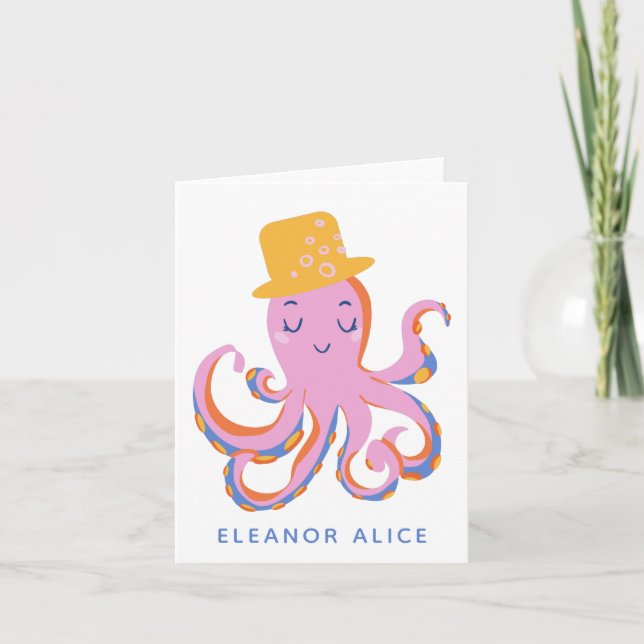 Pink Octopus Quirky Dancing Animal Personalised Note Card (Front)