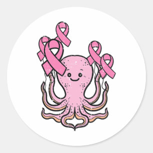 Pink Octopus Ribbon Cute Breast Cancer Awareness W Classic Round Sticker