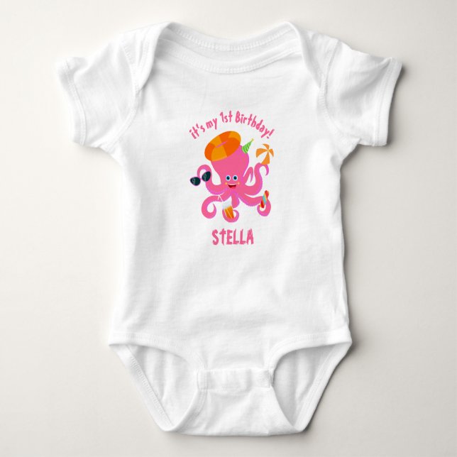 Pink octopus summer baby girl Birthday Party Baby Bodysuit (Front)