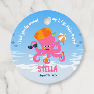 Pink octopus summer baby girl Birthday Party Favour Tags