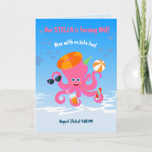 Pink octopus summer baby girl Birthday Party Invitation