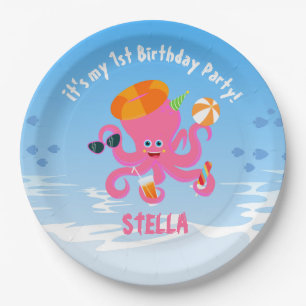 Pink octopus summer baby girl Birthday Party Paper Plate