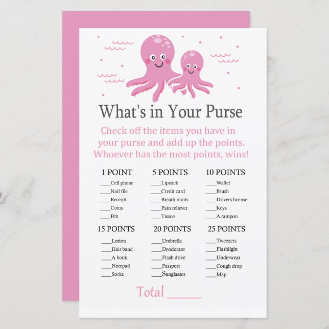 Pink Octopus What's in your purse game (Front/Back)