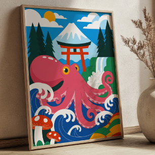 Pink Octopus with Mount Fuji& Torii Gate Japanese  Poster