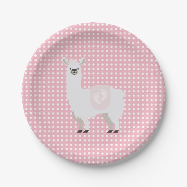 Pink & Off-White Gender Neutral Llama Baby Shower Paper Plate (Front)