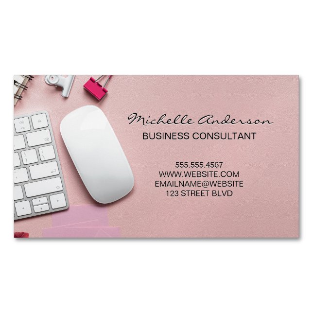 Pink Office Space Background Magnetic Business Card (Front)