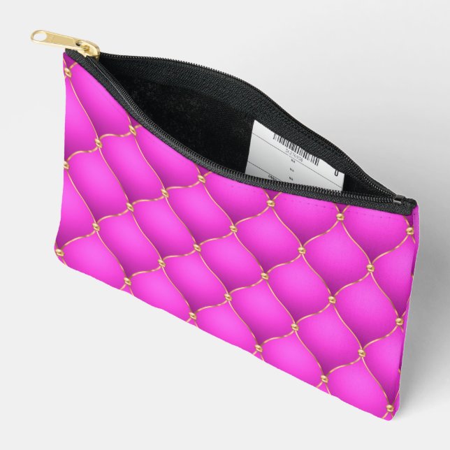 Pink Ogee Gold Diamond Tufted Accessory Pouch (Open)