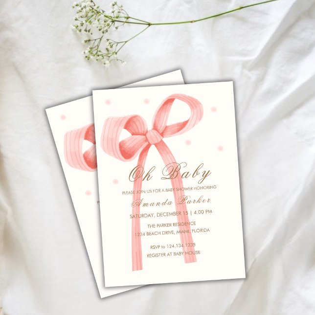 Pink Oh Baby Minimalist Polka Dot Bow Baby Shower Invitation (Pink Oh Baby Minimalist Polka Dot Bow Baby Shower Invitation)