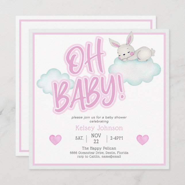 Pink Oh Baby Woodland Animals Baby Shower Invitation (Front/Back)