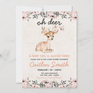 Pink Oh Deer Baby Shower Floral Invitation