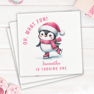 Pink Oh What Fun Cute Penguin Girl 1st Birthday Napkin