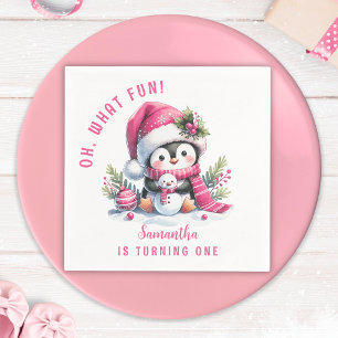 Pink Oh What Fun Penguin Winter Girl 1st Birthday Napkin