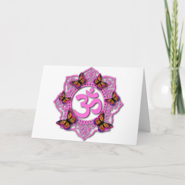 Pink ohm mandala design with Monarch butterflies Card (Front)