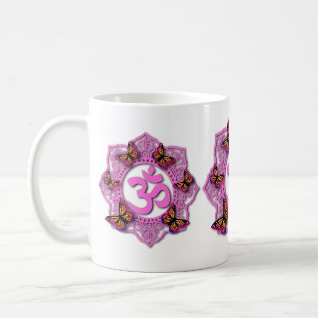 Pink ohm mandala design with Monarch butterflies Coffee Mug (Left)