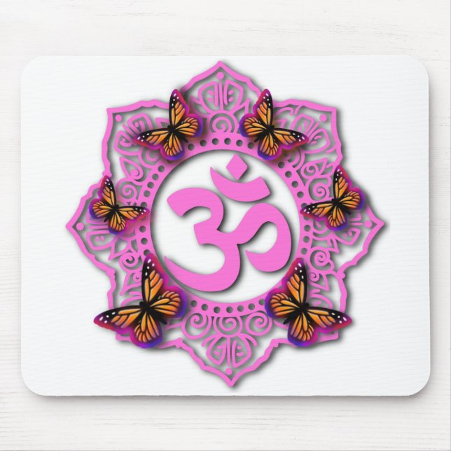 Pink ohm mandala design with Monarch butterflies Mouse Pad (Front)