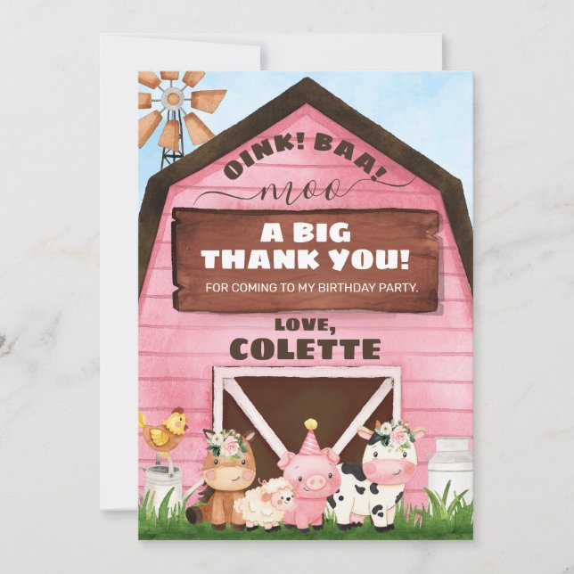 Pink Oink Baa Moo Farm Birthday Thank You Card (Front)