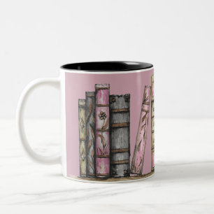 Pink Old Book Library And Clock Two-Tone Coffee Mug
