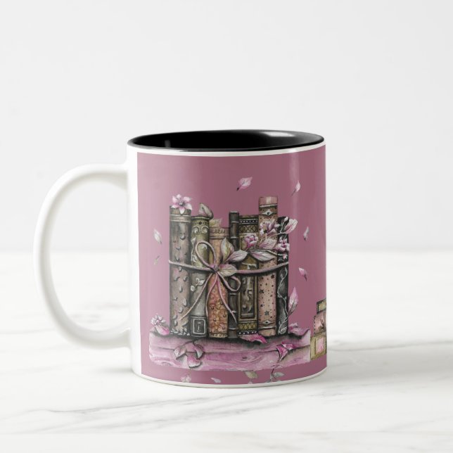 Pink Old Book Library Flowers Two-Tone Coffee Mug (Left)